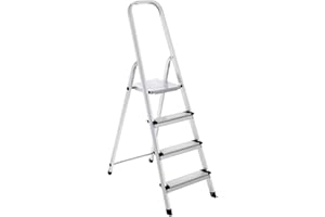 MAZO 4 Step Ladder Aluminium Folding Step Ladder - With Anti-Slip Steps & Non-Slip Feet, Tool Tray, Household, Kitchen, Garage, Decorating, DIY - MAX 150kg - EN131 Approved