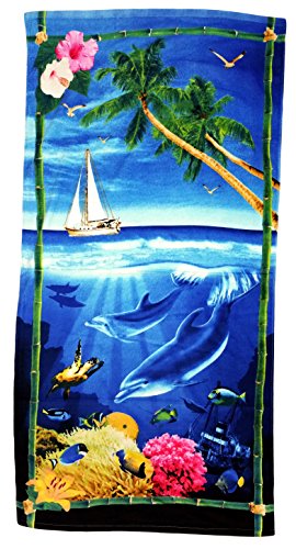 Strandtuch Microfaser 70x140cm, Handtuch Motiv Delphin unter Segelboot, Badetuch