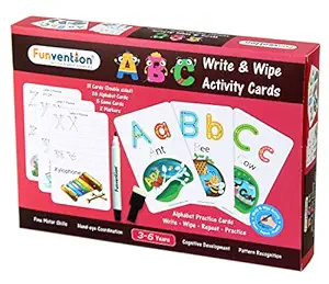 Funvention- for Little Scientist in Every Kid ABC Alphabet Write and Wipe Activity Writing Practice Cards Learning Games, Educational Toys for Children 3-6 Years- Multi Color