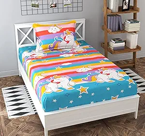 Filymore Designer Unicorn Cartoon Printed Pure Microfiber Single Bedsheet with Pillow Cover (Multicolour, Size 60 x 90 inches, Super Queen)