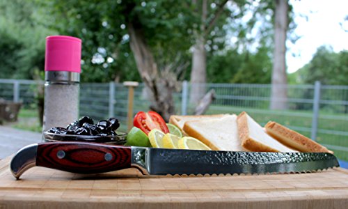 Edles Brotmesser 35cm Damast Stahl 67 Lagen – langes Brotsäge Messer Wellenschliff Pakka Holz Griff - 2