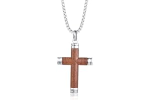 VNOX Bicolore Acier Inoxydable Brésil Bois de Rose Bois Christian Baptism Jesus Croix Pendentif Collier Pour Hommes, 24 "Chaîne Rolo