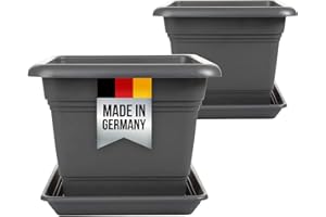 2FRIENDS Juego de 2 maceteros grandes para exteriores, maceta grande de 40 x 40 cm, maceta con agujeros y posavasos, maceta de plástico, macetero de plantas, maceteros de color antracita, modelo: Udo