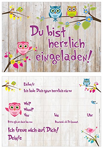 12 Einladungskarten „Du bist eingeladen!“ angesagte Holzoptik niedliches lustiges Uhu- Eulen-Motiv / Geburtstagseinladungen Einladungen Geburtstag Jungen Mädchen Einladungstext Vorlagen Karten Set - 3