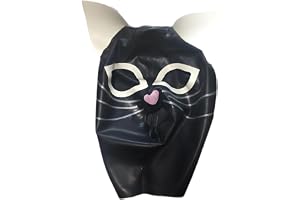 Svarta Latex Kattansiktsmasker,Gummi Huva med Dragkedja Baksida Handgjord Unisex