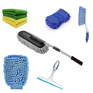 V Craft Car Cleaning Combo kit, Microfiber Cloth Towel Pack of 2, Microfiber Duster, Carpet Brush, Washing Scrub, Microfiber Gloves, Glass Wiper, Full Interior and Exterior Cleaning Kit