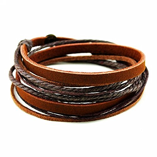 Cherryzz Fashion Unisex's Genuine Brown Soft Leather Wristband Bracelet Handmade 3-Layers Adjustable Wraps Bracelet For Women Men