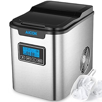 Aicok Machine à Glaçons, Machine a Glacon Professionnel sur plan de travail, Comptoir en Acier Inoxydable, 3 Tailles de Glacons avec Réservoir d'eau 2 pintes et Ecran LED , Portable et Rapide en 10 minutes, Portable et Rapide