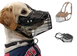 PSK PET MART Adjustable Strap Iron Wire Muzzle, Mouth Cover, Basket Cage, Pet Safety Collar for Anti Biting Dog (Black) (Extra Large)