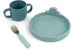 Done by Deer Peekaboo Baby und Kinder Geschirrset - 3-Teiliges Kindergeschirr Set mit Rutschfestem Kinderteller, Trinklernbecher und Gabel - BPA-Freies Geschirr aus 100% Lebensmittelechtem Silikon