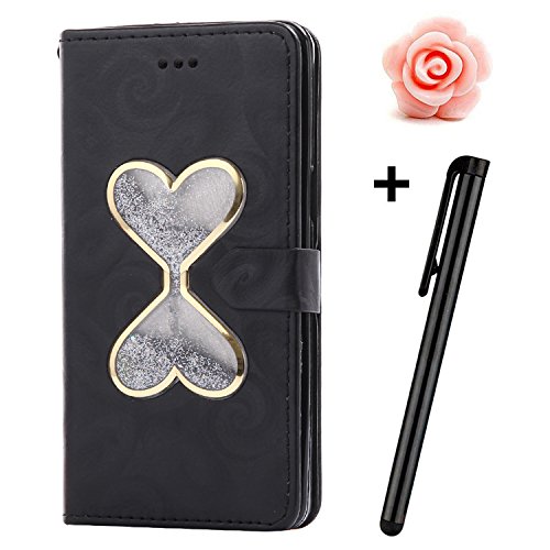 Galaxy J5 2015 Hülle,Samsung Galaxy J5(2015) Tasche,TOYYM Bling 3D Sanduhr Design with Shinny Flüssig Treibsand Flüssigkeit Schutzhülle PU Leder Flip Cover Wallet Case,Handytasche Hüllen im Bookstyle mit Stand Funktion Kartenfächer Magnetverschluss Handyhülle Etui Schale Backcover Protektiv Cover Tasche Schutztasche für Samsung Galaxy J5 2015 Version+1x Dust Plug+1x Stylus-Schwarz