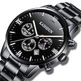 KASHIDUN Herrenuhren Edelstahl Schwarz Klassische Business Casual Uhren mit Mondphase Wasserdichte Multifunktions Quarz Armbanduhr für Herren (A-Black34)