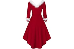 EZJOBLA Christmas Dress, Xmas Dresses Evening Party Swing Dress Ladies Elegant Vintage Long Sleeve V-Neck Plus Size Santa Costume Off Shoulder Velvet Outfit Cosplay