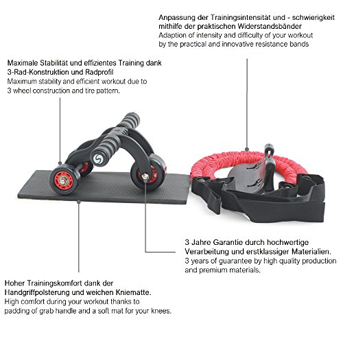 QUALITÄTSSIEGER: Profi Bauchtrainer „3-Wheeler“ von Sportastisch :: 2 hochwertige Widerstandsbänder ermöglichen Unterstützung beim Bauchtraining :: Maximale Belastbarkeit von 150 kg :: Dreirad-Form für stabile und sichere Benutzung :: Matte als Knieauflage garantiert maximalen Komfort :: schnell aufgebaut ohne Schrauben :: Ideal für Frauen und Männer :: Bauchroller perfekt für Bauchtraining zu Hause :: kostenloser BONUS: eBook „Bauchtraining“ :: inklusive 3 Jahren Sportastisch Produktgarantie - 3