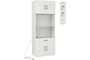 KOMFOTTEU Aparador de Cocina con Estación de Carga, Armario Buffet con 4 Puertas, Cajón y 2 Estantes Abiertos, Mueble de Almacenamiento con Estante Ajustable para Comedor, 65 x 38 x 168 cm