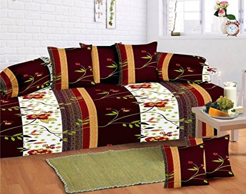 100% Cotton Home Decorative Diwan Set Floral Printed 104 TC Brown Mehraab With Cushion &amp; Bolster Cover