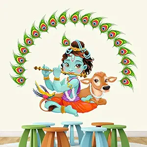 StickMe Lord Krishna Playing Flute with Cow - Baby - Kids - Nursery Pre School Kinder Garden Wall Sticker -SM551 (Multi Colour, Vinyl - 125cm X 125 cm )