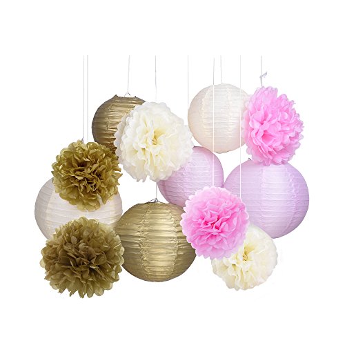 Outus Seidenpapier Pom Pom Blumen und Papierlaternen Party Dekoration, 12 Stück - 2