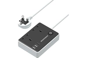 ROOTOMA Black Extension Lead 1M with 3 USB Slots (1 USB C), 2 Gang Short Extension Lead with Switch, Small Power Strip for Travel Home Bedroom Kitchen Office, Surge Protected, Black