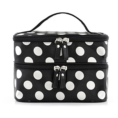 JJOnlineStore - Cute Double Layer Zips Polka Dots Pattern Makeup Cosmetic Storage Portable Bag with Zippers Travel Toiletries Multi Functional Organiser (Pink with White Polka Dots)
