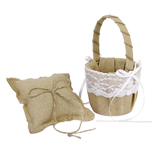 Vintage Sackleinen Jute Spitze Bow rustikale Hochzeit Blumenmädchen Korb - 9