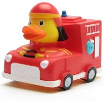 Feuerwehrauto Badeente Mit Schlüsselanhänger – 9 Cm, Gelb, Aus Vinyl