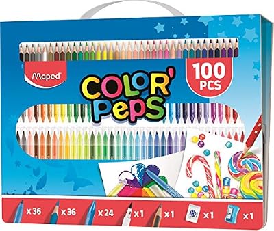 Maped Color'Peps Kit de Coloriage 100 pcs - 36 Crayons de Couleur, 36 Feutres Lavables, 24 Craies, 1 Feutre Brush Calligraphie, 1 Crayon HB, Gomme et Taille Crayon - Boîte de Transport Réutilisable
