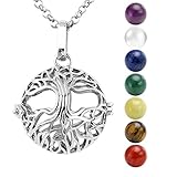 Jovivi Bijoux Collier Pendentif Ouvrir Arbre de la Vie Argent + 7 Pièrres Chakras Naturelles Tibétain Bouddhiste Rondes