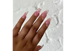 GlamRays 24 sztuki Press on Sztuczne paznokcie, francuskie paznokcie, średnie kwadratowe, słodkie kwiaty, dekoracja paznokci, francuski błyszczący manicure, akrylowe paznokcie dla kobiet i dziewcząt