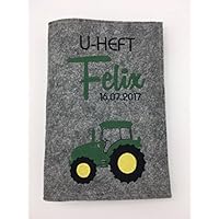 ♥ Bestickte U Heft Hülle ♥ U-Heft Hülle ♥ U Hefthülle ♥ aus Filz ♥ Kind ♥ U Untersuchungen ♥ Zusatzfach für Impfpass ♥ Peronalisierbar ♥ Wunschname / Geb.Datum ♥ Traktor ♥ Grün / Gelb
