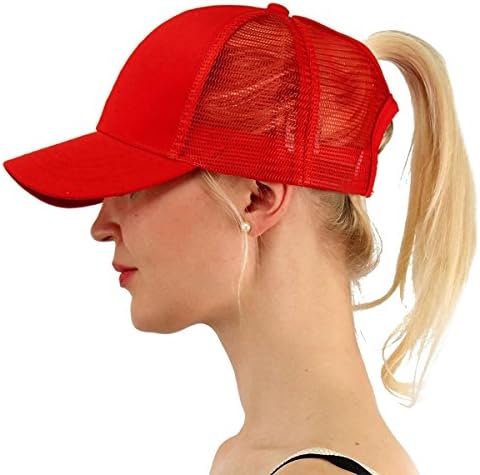 YOUFAN Women Girl Ponytail Messy High Buns Trucker Ponycaps Ponycap Adjustable Mesh Trucker Baseball Cap Hats (Red)