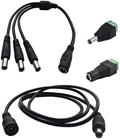 Eleidgs 1 Pairs 2.1mm x 5.5mm Female Male DC Power Plug Terminal Adapter +1 Female to 3 Male Plug 5.5x2.1mm Port 12V Splitter Cable+1 Meter DC 5.5x2.1mm DC12V Male to Female Power Cord (3.3ft)