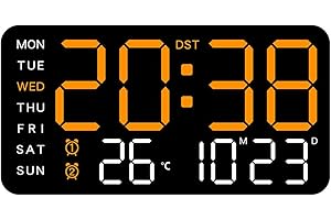 LVYXON Orologio da parete digitale a LED con sveglia, temperatura, visualizzazione della data e della settimana, attivazione vocale, luce diurna e interruttore °F/°C, alimentato tramite USB o a batteria, per