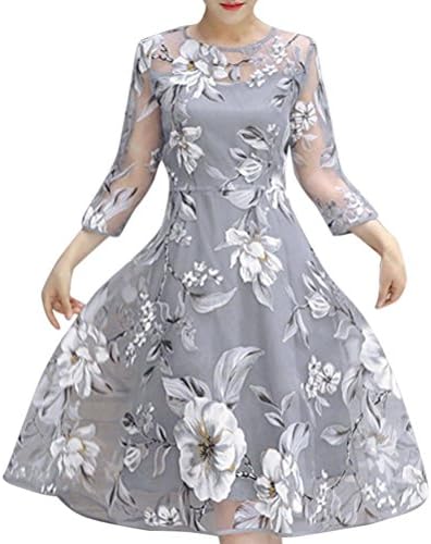 Women Summer Sweet Dresses, Saihui Organza Floral Print Half Sleeves O-Neck Wedding Party Ball Prom Gown Cocktail Elegant Skirts (Gray, S)