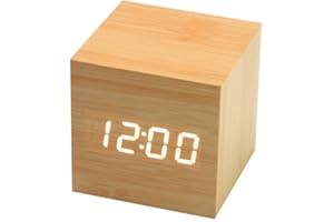 Onerbuy Wooden Digital Cube Alarm Clock Touch Sound Activated Desk Clock Portable Travel Clock with LCD Display for Time, Temperature, Calendar, 3 Alarm Settings (Yellow)