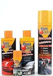Euro Gold Super Wax Car Care Kit (Pack of 5, Includes, Dashboard Shiner, Windshield Cleaner, Clean & Shine Wax, Stain Remover & Soft Sponge)