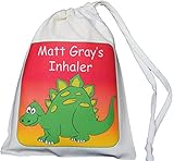 Personalised - Inhaler & Small Spacer Bag - Dinosaur Design - 14x20cm Natural Cotton Drawstring Bag - SUPPLIED EMPTY