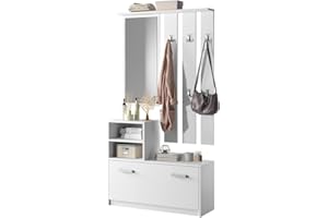 SELSEY Julie Hall Tree with Shoe Cabinet, Wall Panel, Shelf & Mirror, 85 cm Wide, Matte White