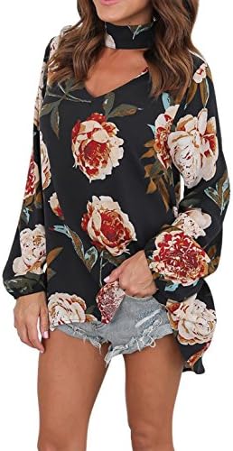 LANOMI Women Long Bell Sleeve Casual Choker Tops Floral Loose V Neck Flower Printed Beach Top T-Shirt Dresses Blouse 8 10 12 14 16 18 20 (Size 3XL/UK 20, Black Floral)