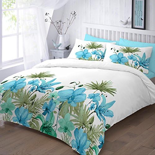 Duvet Cover Set Double With Pillowcases Quilt Bedding Set Reversible Poly Cotton , Lily Teal