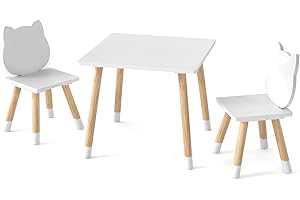 GYMAX Kids Table and Chair Set, Children Activity Table with 2 Chairs and Pine Wood Legs, 3PCS Wooden Toddler Furniture Set for Playing, Learning, Eating (White, Kitty Backrest)