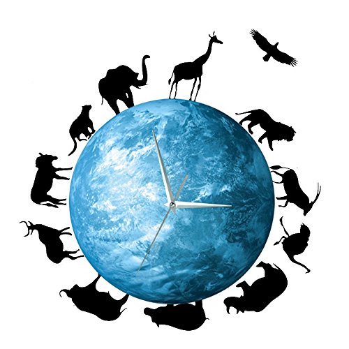 HYSENM Erde leuchtende ruhige nicht-tickende lautlose Wanduhr im Dunkel leuchtend geeignet für Kinderzimmer Schlafzimmer aus Acryl, Tierwelt