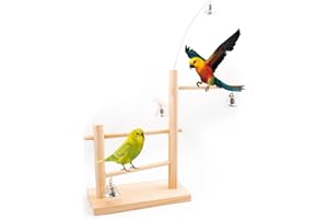 KEAJUIDY Papageien Spielständer aus Holz mit Glocke Vogelspielplatz Vogelkäfig Spielzeug Papageienübung Holz Desktop Vogelstange Natürlicher Papageienbarsch für Wellensittiche, Sittiche