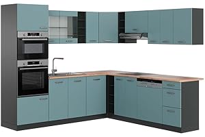 Vicco Cocina esquinera R-Line, Gris Azulado/Antracita, 237 x 247 cm, ET Roble