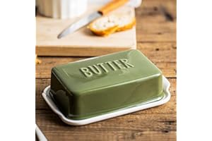 OSKAS Porcelain Covered Butter Dish with Lid for Countertop Butter Holder Container for One Stick of Butter. Textured Tray Butter Keeper for Non Slip Storage-Green Small