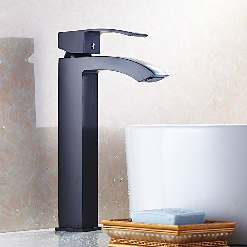 QUSLT The Hot And Cold Basin Faucet Bathroom Faucet Copper Paint Basin Pure Black Matte Waterfall Basin Faucet,Black High