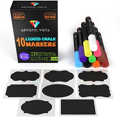 Artistic Vista - Liquid Chalk Pens / Markers. 10 PACK with 8 Chalk labels included. Artist Quality. Use on glass, window, chalkboard, blackboard, etc.