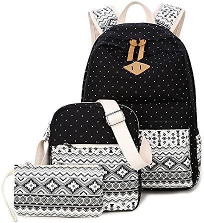 Fezhiomu dot Canvas Backpack Cute Lightweight Teen Girls small School Backpacks 3 set Shoulder Bags black
