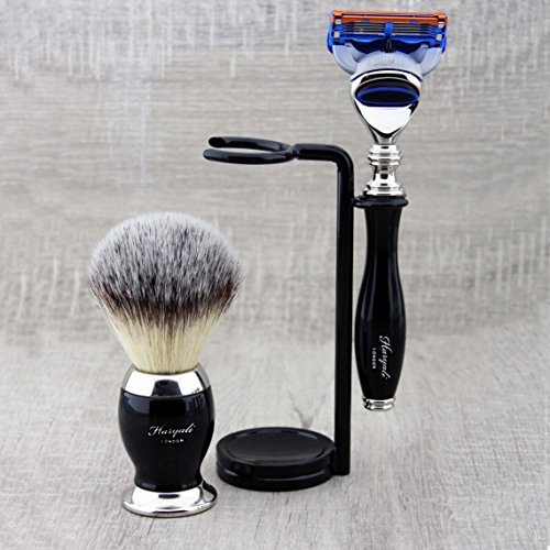 3 Piece Classic Men's Shaving Set in Black Featuring Synthetic Brush & 5 Edge Razor - Image 3