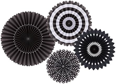 Hanging Paper Fan Set, RebirthTree 4 Pcs Tissue Paper Folding Fans Paper Flowers Decoration with Paperclips for Party Birthday Party Wedding Decorations (White + Black)